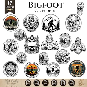Op de afbeelding: Een digitale collectie van 17 Bigfoot-thema grafische ontwerpen met diverse illustraties van het wezen in bosrijke omgevingen, berglandschappen en kampeerscènes, met tekstelementen zoals Gone Squatchin en Hide and Seek.