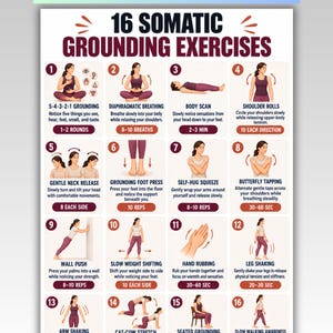 Op de afbeelding: Een wit informatieposter getiteld 16 Somatic Grounding Exercises met zestien genummerde illustraties van een persoon die verschillende fysieke bewegingen uitvoert. Elke sectie bevat een titel, korte instructies en duur- of herhalingsaantallen.