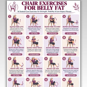 May include: A digital chart titled CHAIR EXERCISES FOR BELLY FAT featuring 16 numbered illustrations of a person in a purple shirt and dark pants performing seated core exercises on a chair, with text instructions and repetition counts for each.