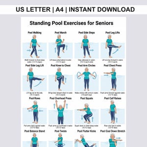 Standing Pool Exercises for Seniors, Water Exercises for Older Adults at Home Pool, Aqua Exercises PDF, No Equipment Water Workout Poster