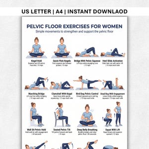 Könnte beinhalten: Ein weißes Poster mit dem Titel "PELVIC FLOOR EXERCISES FOR WOMEN", das Übungen zur Stärkung des Beckenbodens zeigt. Es enthält Illustrationen von Übungen wie Kegel Hold und Bird Dog Pelvic Control. Das Poster ist mit "US LETTER | A4 | INSTANT DOWNLOAD" gekennzeichnet.