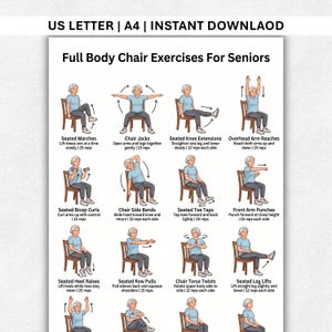 Op de afbeelding: Een afdrukbare oefengids getiteld "Full Body Chair Exercises For Seniors". De gids bevat illustraties van verschillende zitoefeningen, waaronder armbewegingen, knie-extensies en romptwists. De oefeningen zijn ontworpen voor senioren.