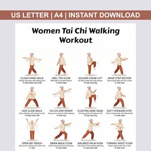Può includere: Una guida stampabile intitolata "Women Tai Chi Walking Workout" con passaggi illustrati. La guida include istruzioni per esercizi come Cloud Hand Walk, Heel Toe Flow e Golden Crane Lift. Il testo "US LETTER | A4 | INSTANT DOWNLOAD" è in alto.