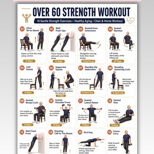 May include: A digital workout chart titled OVER 60 STRENGTH WORKOUT featuring 16 numbered exercise illustrations. Each section displays a person performing movements like chair sit-to-stands, wall push-ups, and seated rows with text instructions.