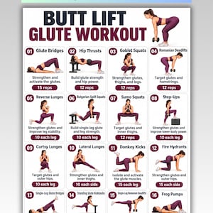 May include: A digital workout chart titled BUTT LIFT GLUTE WORKOUT featuring sixteen numbered exercise illustrations. Each section displays a person in maroon athletic wear performing movements like glute bridges, squats, and lunges with rep counts.