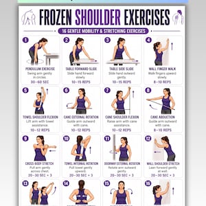 Könnte beinhalten: Ein digitales Plakat mit dem Titel Frozen Shoulder Exercises, das 16 nummerierte Illustrationen einer Person im violetten Tanktop zeigt, die Mobilitäts- und Dehnübungen mit schriftlichen Anleitungen für jedes Format US Letter und A4 demonstriert.