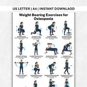 May include: A digital chart titled Weight Bearing Exercises for Osteopenia, featuring illustrations of a person in a teal shirt and blue leggings performing twelve different dumbbell exercises with instructional text and repetition counts for each.
