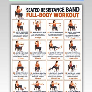 May include: A digital workout chart titled SEATED RESISTANCE BAND FULL-BODY WORKOUT featuring sixteen illustrated exercises with instructions and repetition counts. The text US LETTER | A4 INSTANT DOWNLOAD appears at the top of the page.