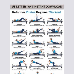 May include: A white instructional poster titled Reformer Pilates Beginner Workout featuring illustrations of exercises like Footwork, Hundred, and Swan. The chart displays various movements on a Pilates reformer machine with text labels and repetition counts.