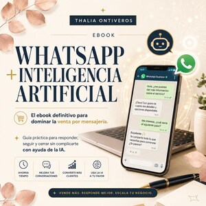 May include: An ebook cover titled WHATSAPP + INTELIGENCIA ARTIFICIAL by THALIA ONTIVEROS. It features a smartphone displaying a chat interface, a robot icon, a WhatsApp logo, and four icons representing time savings, conversation improvement, sales, and AI usage.