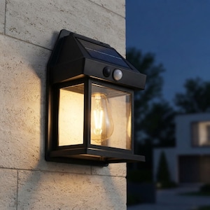May include: A black solar-powered wall light with a rectangular frame and clear glass panels. The fixture features a top-mounted solar panel, a motion sensor, and an internal Edison-style bulb emitting a warm yellow glow against a stone wall.