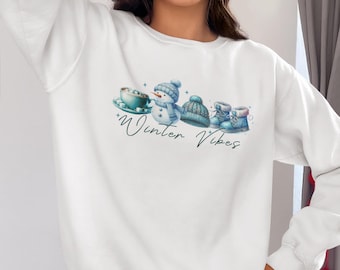 Winter Vibes Graphic Sweatshirt – Womens Cozy Crewneck – Snowman Christmas Sweater