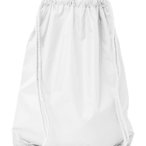 May include: A plain white drawstring backpack made of a smooth, lightweight fabric. The bag features a gathered top closure with integrated white braided cord straps that extend down to the bottom corners, providing a simple and functional design.