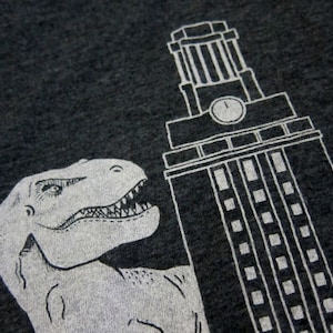 May include: A black and white illustration of a dinosaur looking up at a tall building with a clock tower. The building has many windows and is outlined in white.