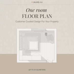May include: A beige graphic featuring the text K.BUREAU, One room FLOOR PLAN, Customer Curated Design For Your Property, and UP TO 25 SQ.METERS. The center displays a top-down architectural floor plan of a room with a bed, chair, and furniture.
