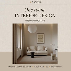 May include: A digital graphic for a One room INTERIOR DESIGN PREMIUM PACKAGE by K.BUREAU. It displays a beige living room with a sofa, a round black side table, a spherical pendant light, a framed line art print, and a rug on the floor.