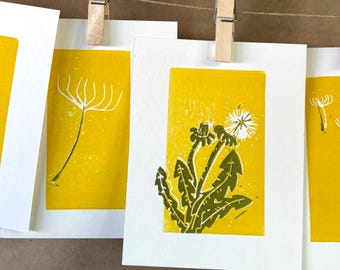 Láminas de diente de león impresas a mano en relieve (juego de 4) – Arte botánico amarillo