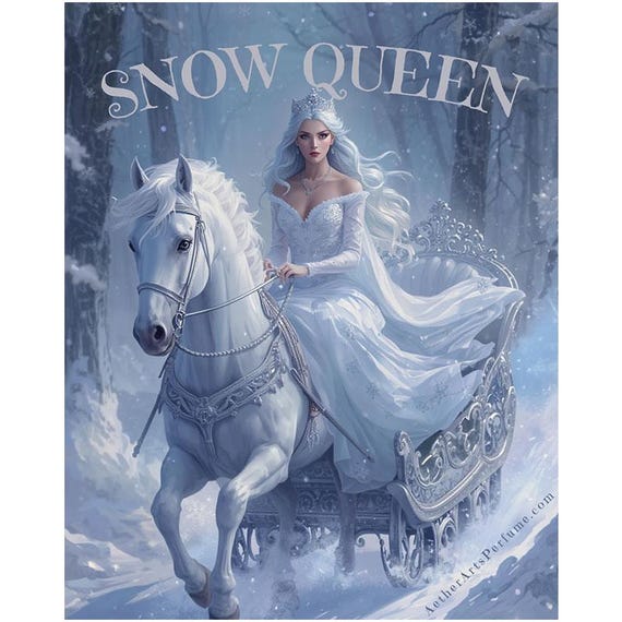 Snow Queen: A Floral, Gourmand--featuring Rose, and a delicious "Snow" Accord of White Chocolate, White Amber, White Orris, and White Musk.