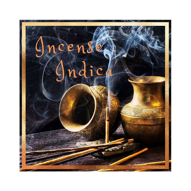May include: A close-up of incense sticks burning in a brass incense burner. The incense sticks are arranged in a fan shape and are emitting smoke. The incense burner is decorated with intricate designs. The text "Incense Indica" is written in a decorative font on a black background.