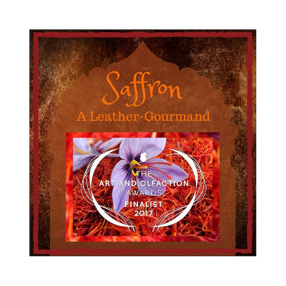A Saffron and Leather Perfume Oil with a Gourmand touch of Vanilla & Hazelnut, Jasmine, and the scent of Peach, Spice, Tobacco, and Amber.