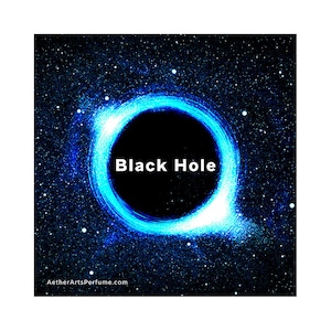 May include: A black hole with a blue ring of light against a dark blue background with white stars. The text "Black Hole" is written in white letters on the black hole.