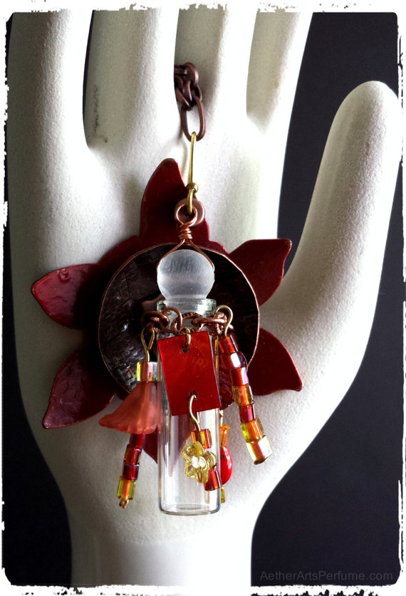 Sunset Flower: a Steampunk Scent Necklace in copper and red, Mixed-Media, Industrial Chic