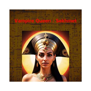 May include: A woman with dark hair and dark eyes wears a gold crown and a gold necklace with a red gemstone. She is depicted against a background of orange and yellow with hieroglyphics. The text "Vampire Queen: Sekhmet AetherArtsPerfume.com" is at the top of the image.