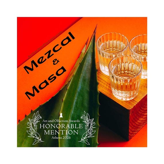 Mezcal & Masa: a Boozy, Salty, Gourmand with a unique Roasted Corn note, Pineapple Sage, Copal, Palo Santo, Vetiver, and Soft Suede.