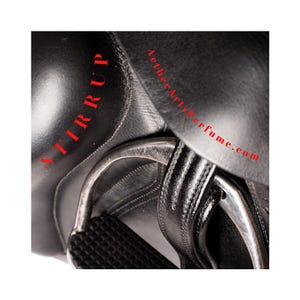 May include: Close-up of a black leather saddle with a silver stirrup. The saddle is labeled "STIRRUP" in red lettering and "leatherartperfume.com" in black lettering.