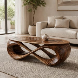 May include: An oval coffee table crafted from dark brown wood, featuring an eye-catching infinity loop base. The table, approximately 150 cm long, is placed on a neutral rug. A small, light-coloured vase adorns the surface. The table is a focal point in a living room.