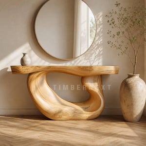 Puede incluir: Una consola de madera de color claro con un diseño único y fluido. Un espejo redondo cuelga sobre la mesa y un pequeño jarrón está sobre la mesa. Un jarrón grande con una planta está a la derecha. El texto "TIMBERNEXT" es visible.