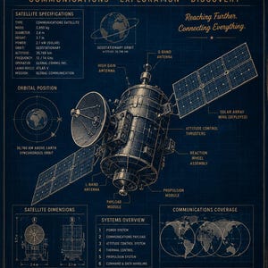 May include: Diagram of a communications satellite, detailing specifications, orbital position, and dimensions. The image shows a satellite model with solar arrays, antennas, and propulsion modules. The height is 3.7 metres.