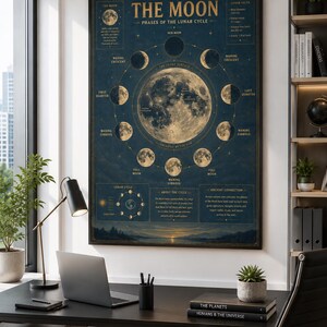 Op de afbeelding: Een verticale wandposter getiteld The Moon Phases of the Lunar Cycle, met een grote centrale maanillustratie omringd door gouden diagrammen van de maanfasen op een donkerblauwe achtergrond, met tekst over maancyclus en feiten.
