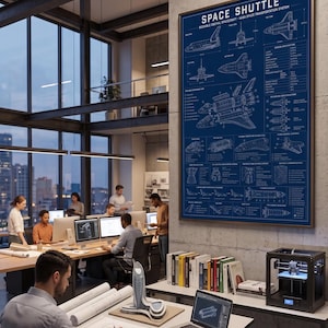 May include: A framed blueprint poster titled SPACE SHUTTLE REUSABLE ORBITAL SPACECRAFT NASA SPACE TRANSPORTATION SYSTEM, featuring white technical line drawings, diagrams, and specifications of the space shuttle on a dark blue background.