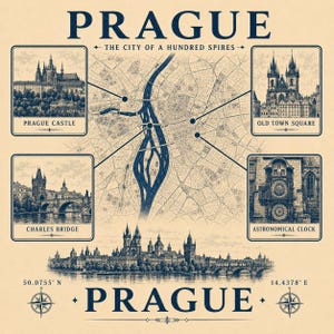 Op de afbeelding: Een beige poster met een donkerblauwe kaart van Praag en vier inzetillustraties: Praagse Burcht, Oudestadsplein, Karelsbrug en de Astronomische Klok. De tekst luidt PRAGUE THE CITY OF A HUNDRED SPIRES en bevat geografische coördinaten.