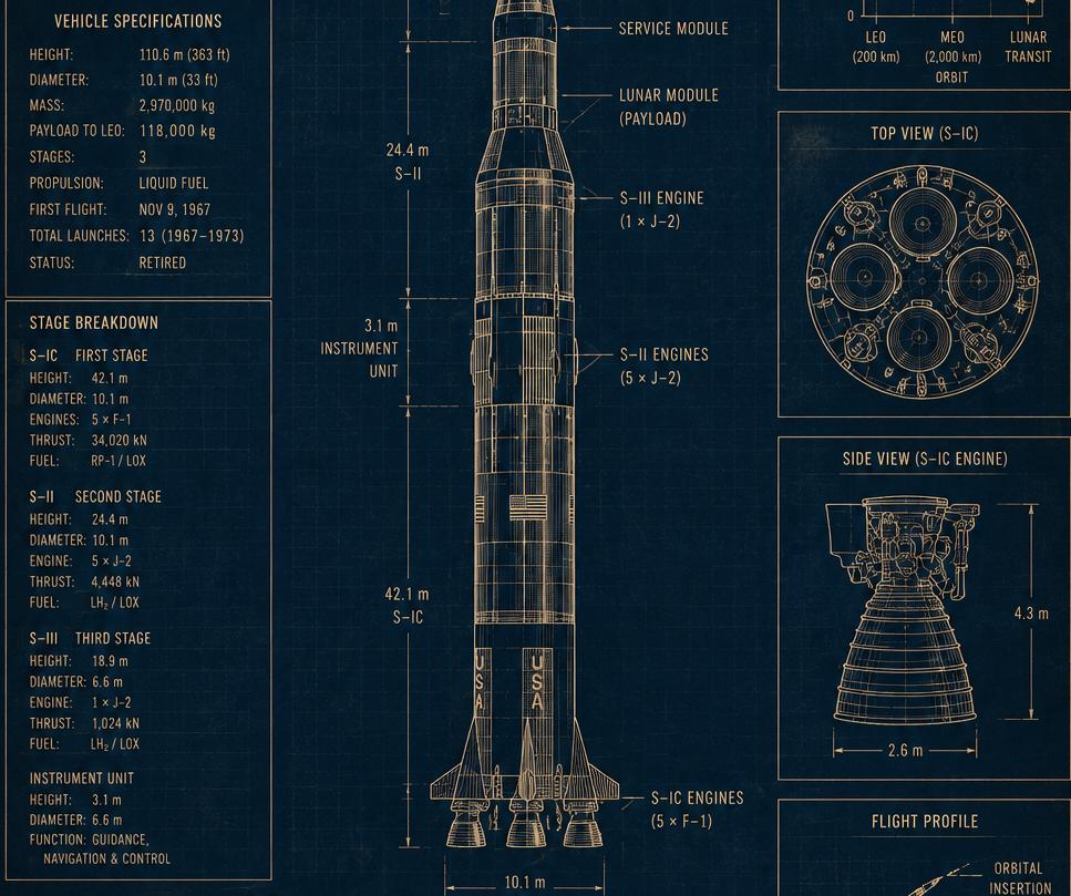 Saturn V Rocket Blueprint Poster, Apollo Space Engineering Art (digital ...