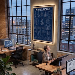 May include: A rectangular wall-mounted LED-backlit display featuring a blue and white technical blueprint titled Mercury Capsule. The print displays detailed schematic diagrams, cross-sections, and technical specifications of the spacecraft.