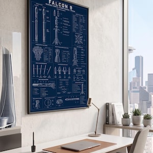 May include: A framed dark blue poster featuring a technical blueprint of the SpaceX Falcon 9 reusable orbital launch vehicle. The print displays white line drawings, diagrams, and detailed specifications of the rocket components and engine systems.