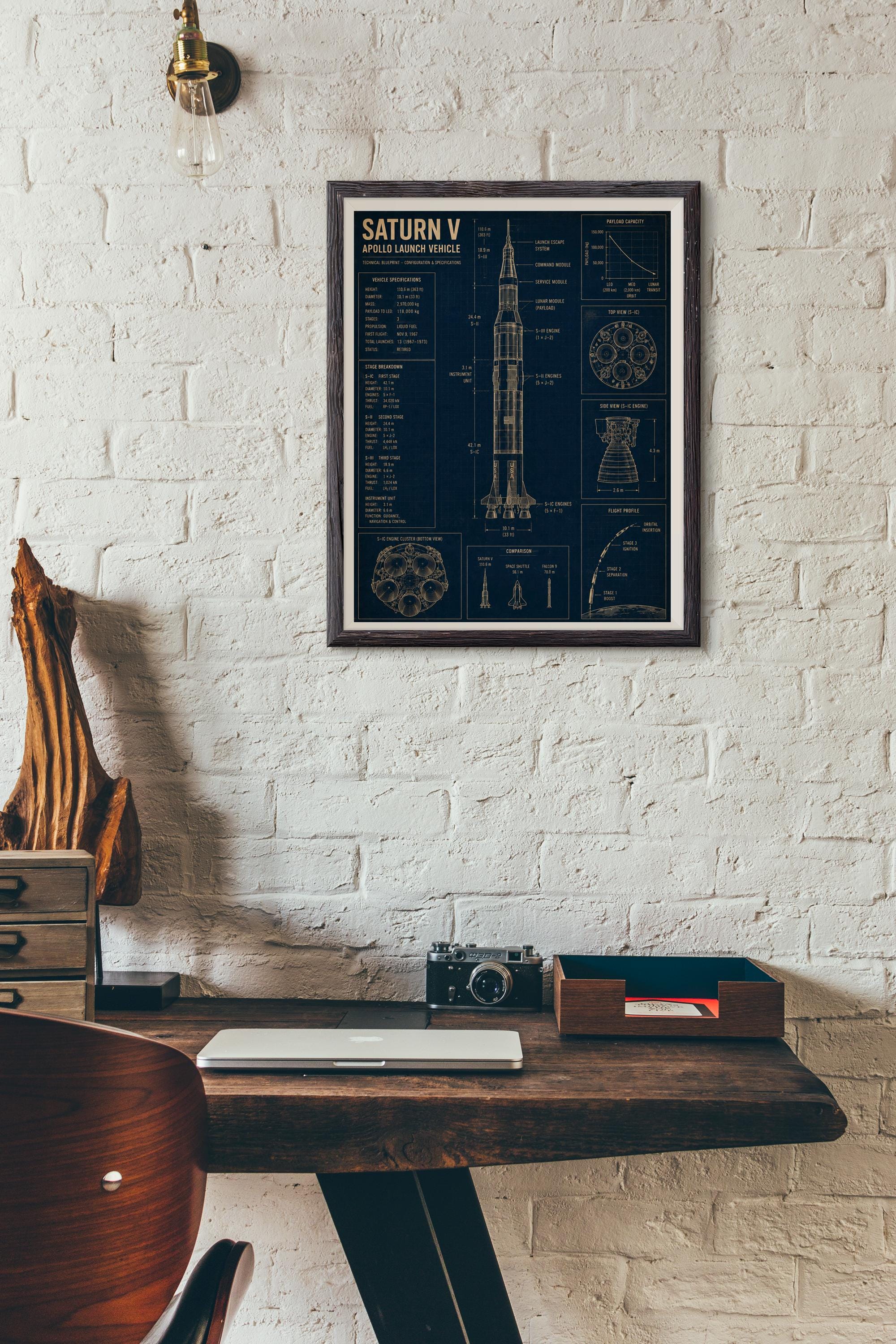 Saturn V Rocket Blueprint Poster, Apollo Space Engineering Art (digital ...