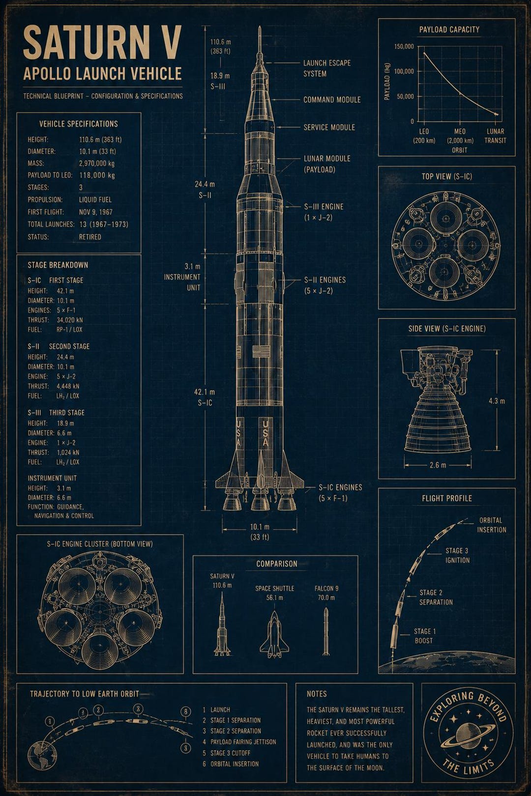 Saturn V Rocket Blueprint Poster, Apollo Space Engineering Art (digital ...