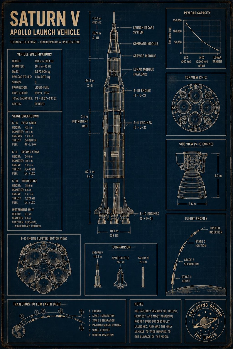 Saturn V Rocket Blueprint Poster, Apollo Space Engineering Art (digital ...