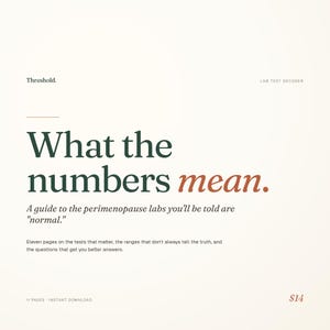 May include: A digital guide titled "What the numbers mean." The cover features the title in dark green and red text, with the subtitle "A guide to the perimenopause labs you'll be told are 'normal.'" The guide is 11 pages and available for instant download.