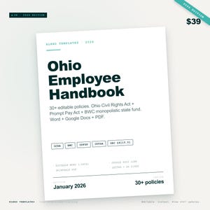 Op de afbeelding: Een wit document getiteld Ohio Employee Handbook 2026 Edition met donkergroene tekst. Het bevat 30+ bewerkbare beleidsstukken, waaronder de Ohio Civil Rights Act, Prompt Pay Act en BWC-fonds, beschikbaar in Word, Google Docs en PDF-formaten.
