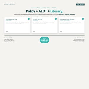 Op de afbeelding: Een digitaal productpakket getiteld AI Workplace Compliance Bundle: Policy + AEDT + Literacy. Het bevat drie onderdelen: AI Acceptable Use Policy, NYC LL144 AEDT Pack en AI Workplace Literacy Workbook, met een totaalprijs van 69 USD weergegeven.