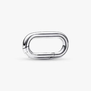 May include: A polished silver-tone metal oval connector link with a hinged opening mechanism. The jewellery component features a smooth, reflective surface and a rounded rectangular shape, designed to function as a versatile link for chains.