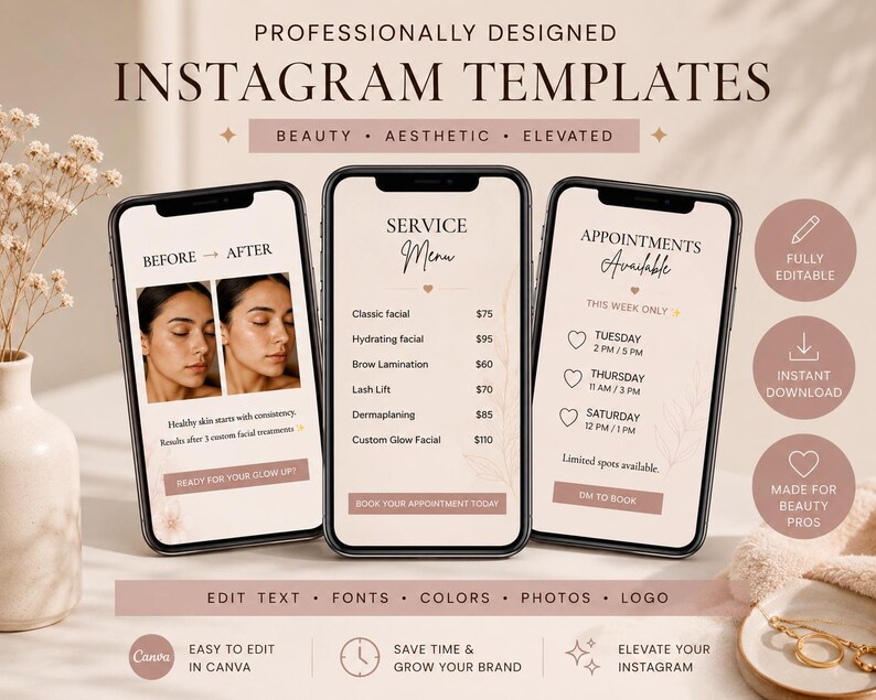 Beauty Salon Instagram Templates Editable Canva Social Media Pack ...