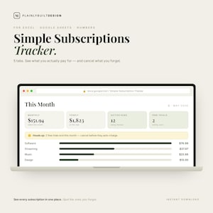 May include: A digital subscription tracker template for Excel, Google Sheets, and Numbers titled Simple Subscriptions Tracker. The interface displays monthly and yearly costs, active subscriptions, free trials, and a list of categories with progress bars.