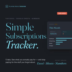 Może przedstawiać: Cyfrowy szablon do śledzenia subskrypcji Simple Subscriptions Tracker dla programów Excel, Google Sheets i Numbers. Ciemny interfejs zawiera pulpit nawigacyjny z miesięcznymi kosztami, liczbą prób i kategoriami.