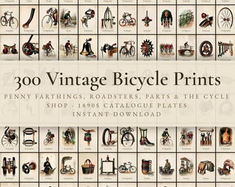 300 Vintage Bicycle Prints | Penny Farthing, Racing Bike, Basket & Cycling Wall Art Set | Garage Printable | Digital Download