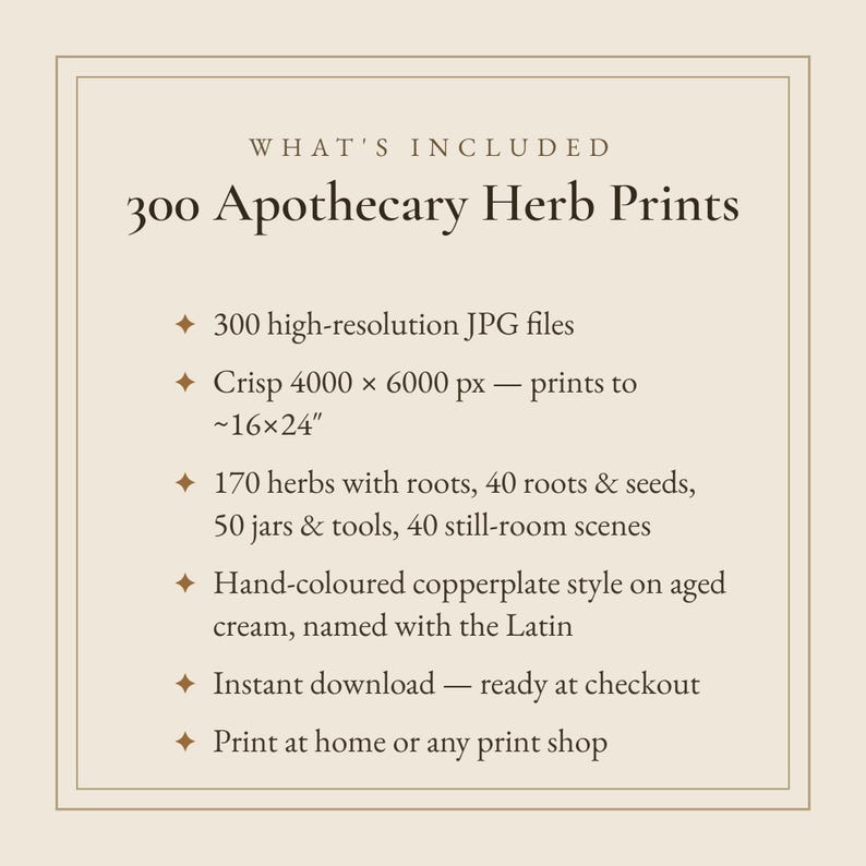 Puede incluir: Un gr&aacute;fico informativo titulado 300 Apothecary Herb Prints sobre un fondo crema. Enumera 300 archivos JPG de alta resoluci&oacute;n, dimensiones de 4000 x 6000 px para impresiones de ~40x60 cm, 170 hierbas, 40 ra&iacute;ces y semillas, 50 frascos y herramientas.